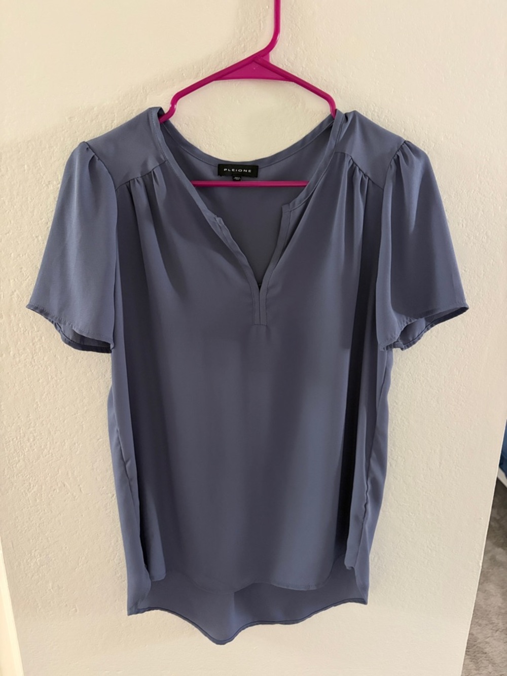 Pleione Dusty Blue Split-Neck Short Sleeve Blouse